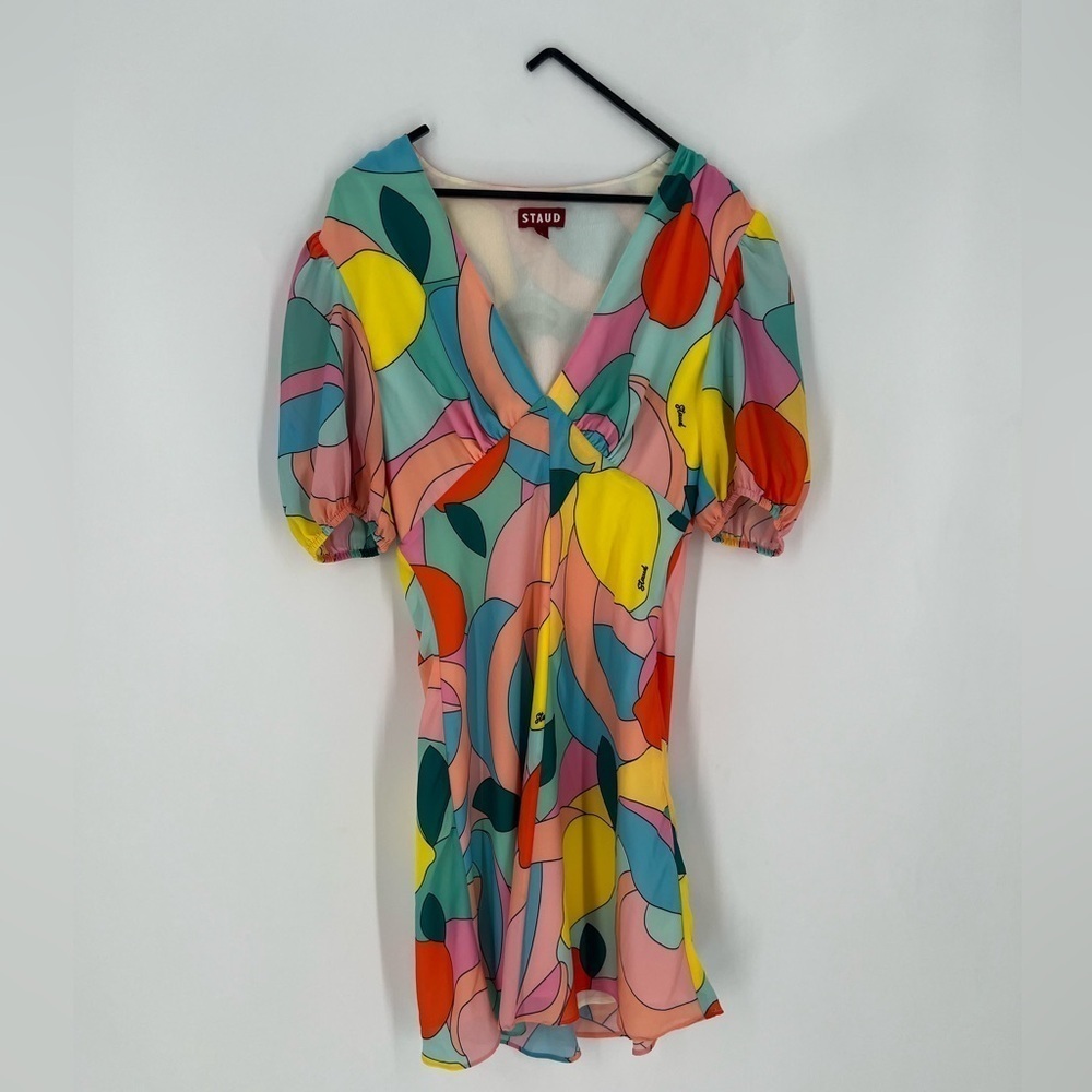 Staud Abstract Fruit Printed Retro V Neck Puff Sleeve Multicolor Mini Dress